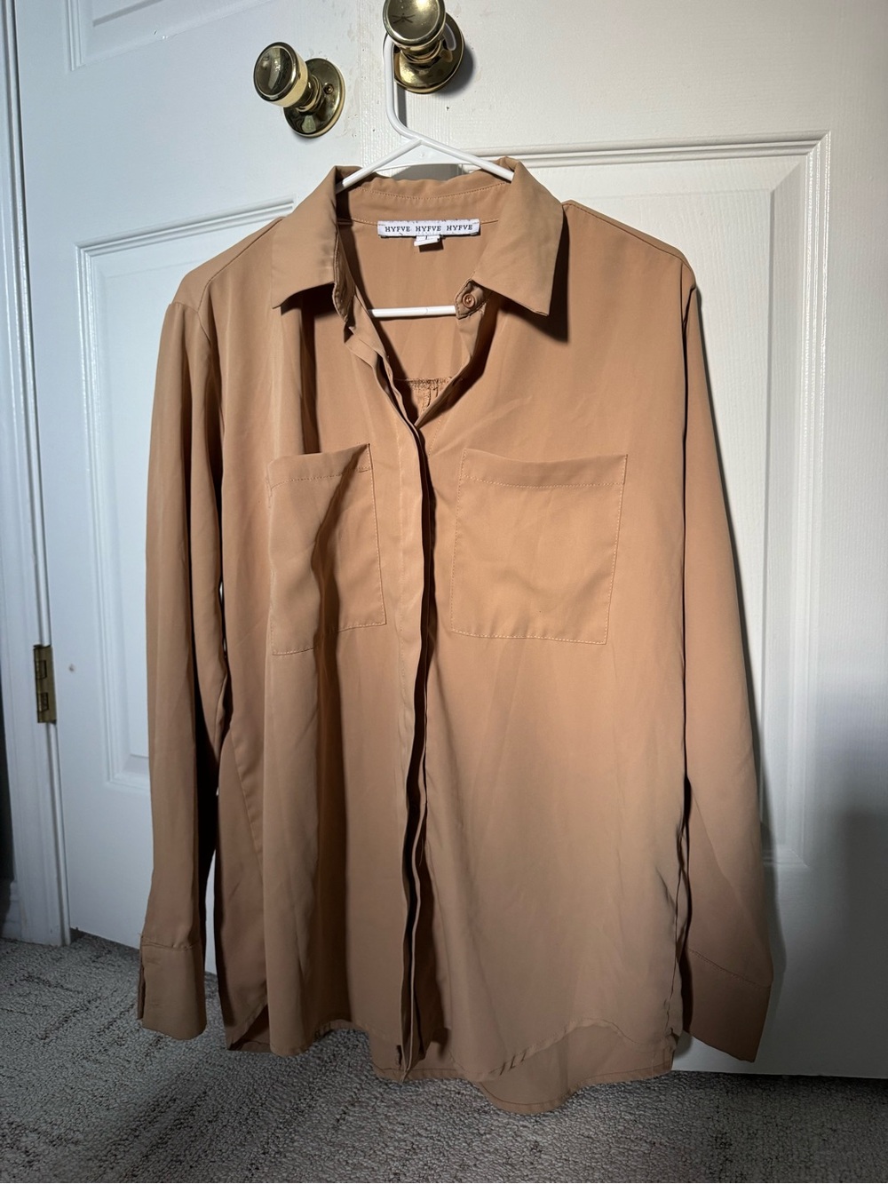 HYFVE women's Tan Button Down Shirt Front Pockets